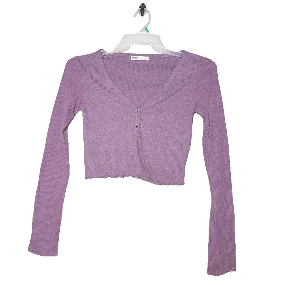 Pull&Bear Purple Ribbed V-Neck Cropped Long Sleeve Top Size M